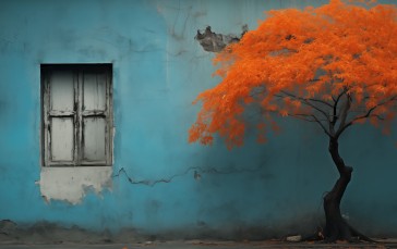 AI Art, Trees, Window, Orange, Teal Wallpaper