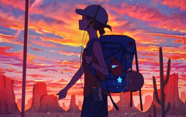 Original Characters, Cats, Headphones, Sunset, Backpacks Wallpaper