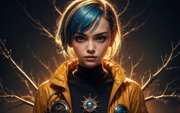 AI Art, Women, Blue Hair, Yellow Coats, Short Hair Wallpaper