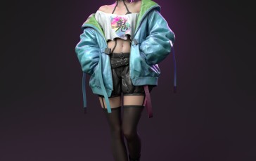 Haowen Yang, CGI, Women, Purple Hair, Horns, Open Jacket Wallpaper