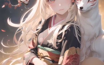 Anime Girls, Fox, Fox Ears, Kimono, Flowers, Blonde Wallpaper