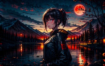 Dark, Forest, Moon, Red Moom, Anime Girls Wallpaper