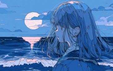 Anime, Anime Girls, Looking Away, Moonlight, Waves Wallpaper