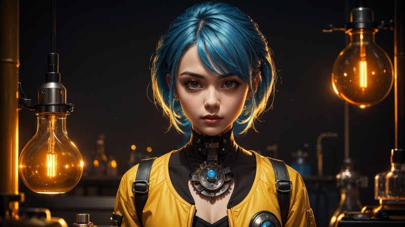 AI Art, Women, Blue Hair, Yellow Coats Wallpaper
