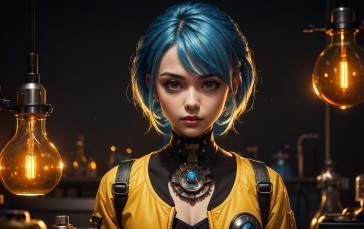 AI Art, Women, Blue Hair, Yellow Coats Wallpaper