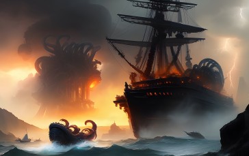 Stable Diffusion, 4K, AI Art, Ship, Ocean Battle Wallpaper