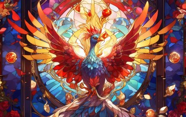 AI Art, Phoenix, Red, Gemstones, Pearls, Stained Glass Wallpaper