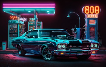 AI Art, Muscle Cars, American Cars, Gas Station, Neon Wallpaper