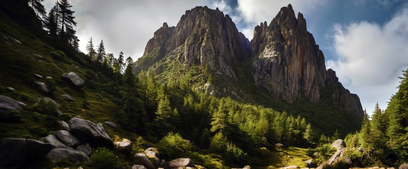 AI Art, Mountains, Forest, Sunny Scene, Rocks Wallpaper