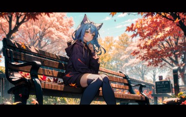 Iodoff, AI Art, Sitting, Outdoors, Anime Girls, Light Blue Hair Wallpaper