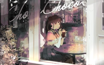 Window Screening, Anime Girls, Window, Drink, Table Wallpaper