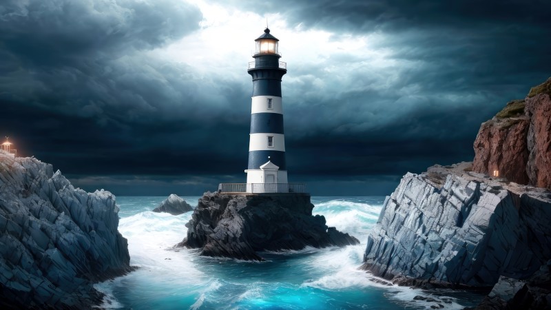 Lighthouse, Sea, Blue, Dark, Water Wallpaper