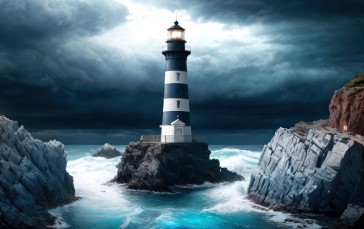 Lighthouse, Sea, Blue, Dark, Water Wallpaper