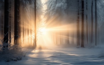 AI Art, Winter, Snow, Forest, Mist, Sun Wallpaper