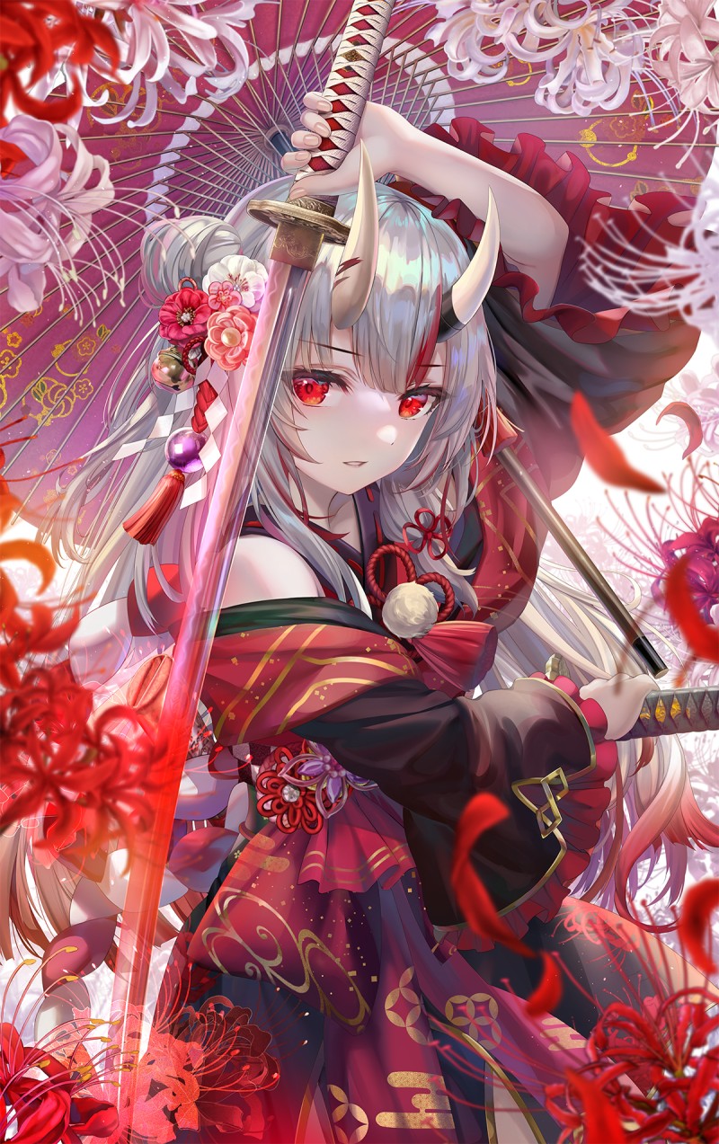 Anime, Anime Girls, Sword, Horns, Red Eyes, Silver Hair Wallpaper