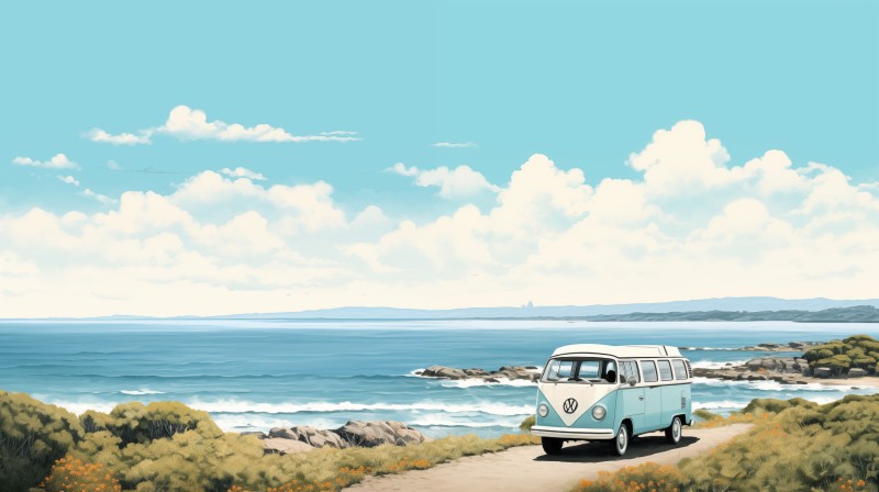AI Art, Illustration, Volkswagen Bus, Sea Wallpaper