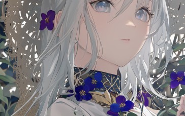 Anime Girls, AI Art, Flowers, Straw Hat, White Hair, Gray Eyes Wallpaper