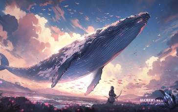 Pixiv, Flying Whales, Alchemy Stars, Digital Art, Watermarked, Whale Wallpaper