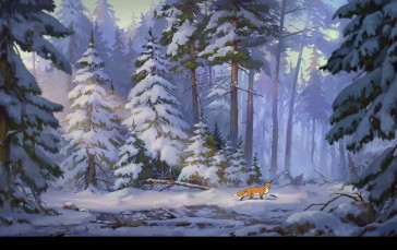 Fox, Cartoon, Winter, ArtStation, Forest, Fir Wallpaper