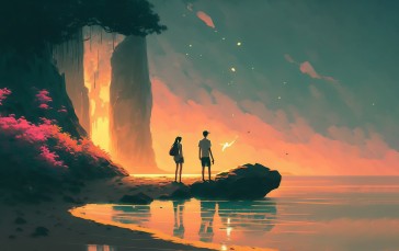 AI Art, Mountains, Illustration, Couple, Lake, Sunset Wallpaper