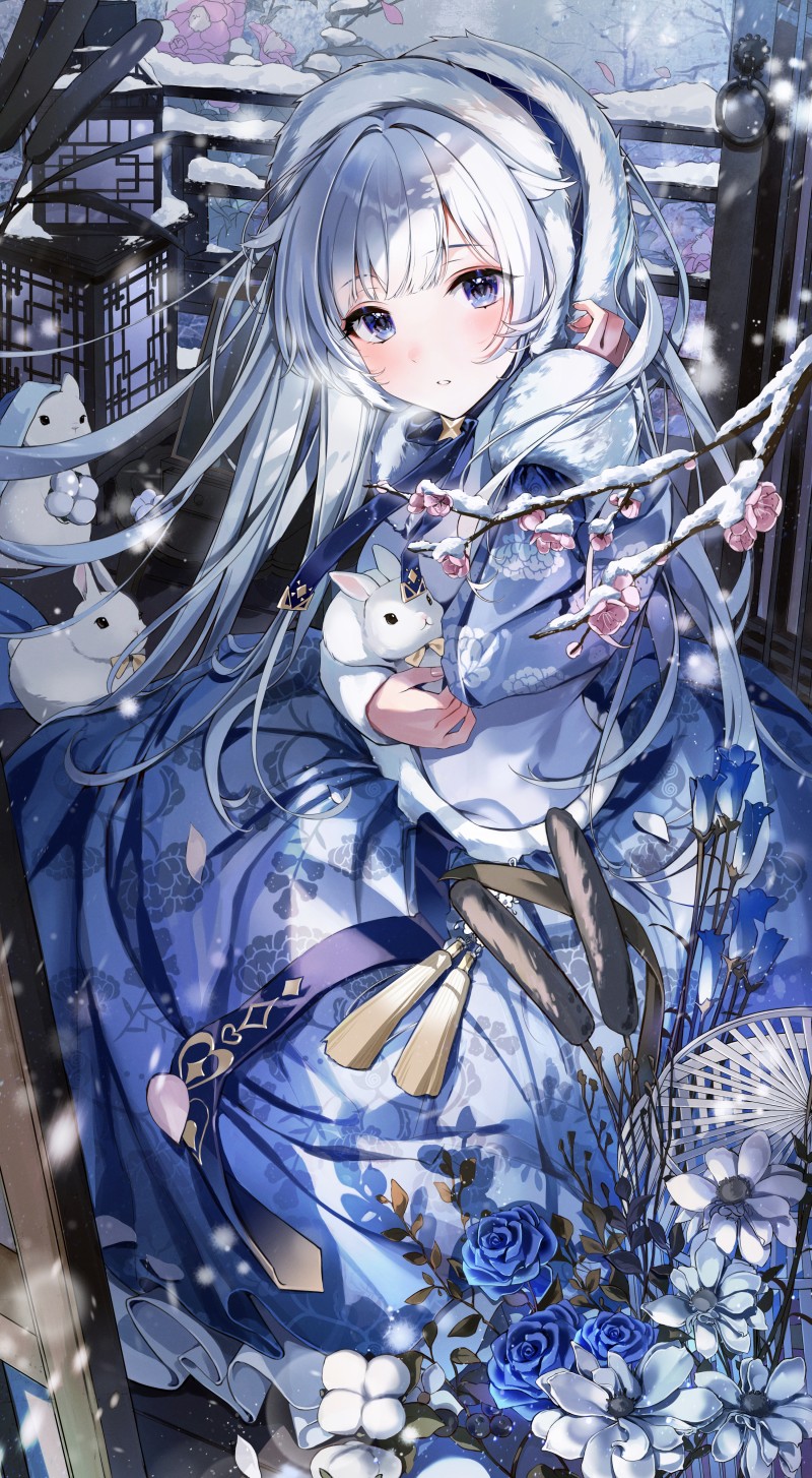 Rabbits, Yukata, Snow, Silver Hair Wallpaper