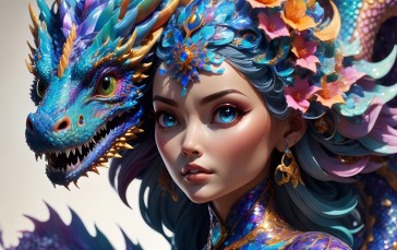 AI Art, CGI, Colorful, Dragon Girl, Blue Eyes, Digital Art Wallpaper