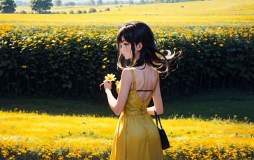 AI Art, Yellow Dress, Flowers, Field, Anime Girls Wallpaper