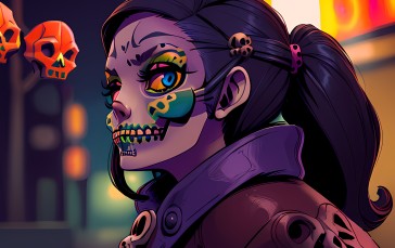 Sugar Skull, AI Art, Colorful, City Lights Wallpaper