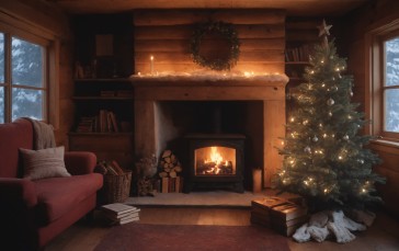 AI Art, Christmas, Christmas Tree, Fireplace Wallpaper