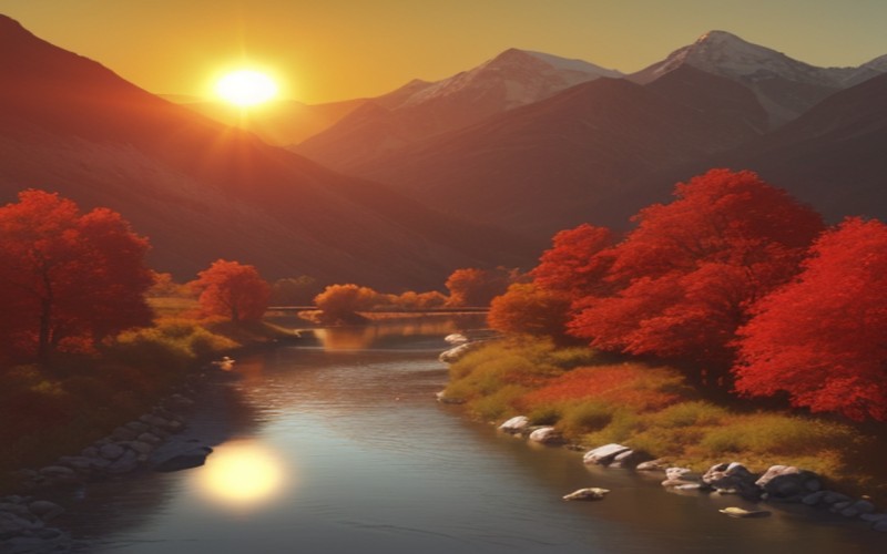 Sunset, Trees, River, Mountain Chain Wallpaper