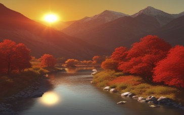 Sunset, Trees, River, Mountain Chain Wallpaper