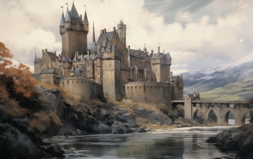 AI Art, Painting, Castle, Digital Art, Bridge Wallpaper