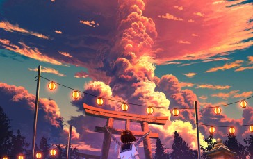 Anime Girls, Shuu Illust, Clouds, Moon, Schoolgirl Wallpaper