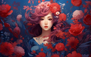 AI Art, Women, Red Flowers, Digital Art, Looking at Viewer, Long Hair Wallpaper
