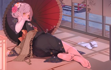 Anime, Anime Girls, Umbrella, Lying on Side, Feet Wallpaper