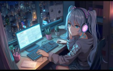 Women, Computer, Night, City Lights, Vocaloid Wallpaper