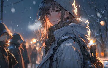 AI Art, Anime Girls, Looking at Viewer, Snow, Hat Wallpaper