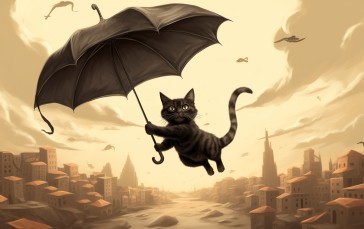 Flying, Umbrella, Desert, Cats Wallpaper