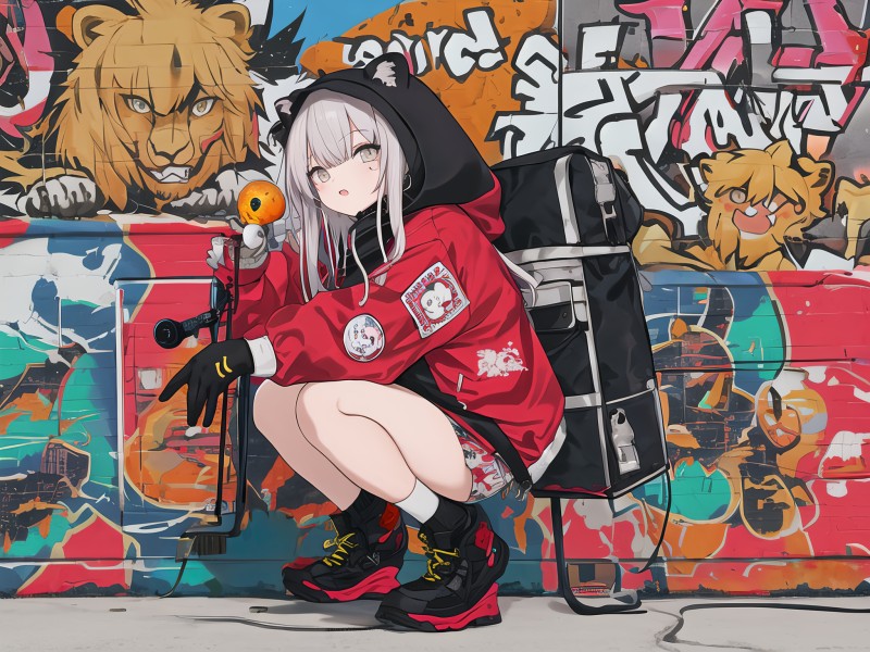 Anime Girls, Graffiti, White Hair, Squatting, Gloves, Backpacks Wallpaper