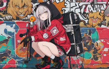 Anime Girls, Graffiti, White Hair, Squatting, Gloves, Backpacks Wallpaper