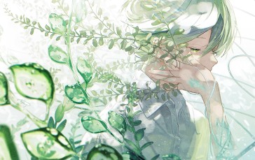 Anime, Anime Girls, Green Hair, Green Eyes, Leaves Wallpaper