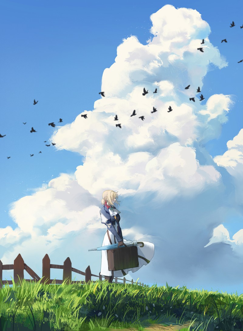 Anime, Anime Girls, Clouds, Sky, Grass, Birds Wallpaper