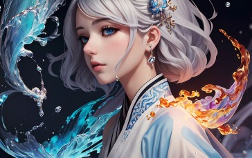 AI Art, Women, White Hair, CGI, Water, Water Splash Wallpaper