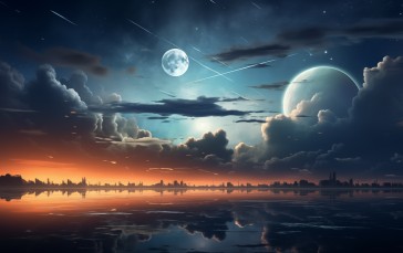 AI Art, Illustration, Moon, Clouds, Sky, Water Wallpaper