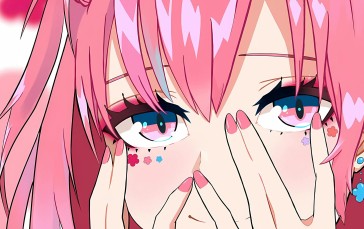Pink Hair, Earring, Pink Background, Pink Nails, Anime Girls Wallpaper