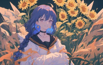 Blue Hair, Anime Girls, Sunflowers, Pastel, Bangs, Choker Wallpaper