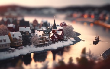 AI Art, Tilt Shift, Town, River, Snow Wallpaper