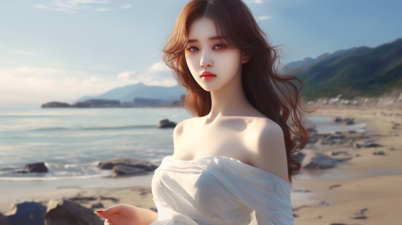 AI Art, Asian, Beach, Sea, Cleavage Wallpaper