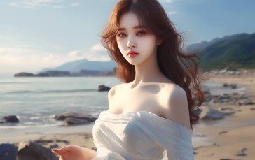 AI Art, Asian, Beach, Sea, Cleavage Wallpaper