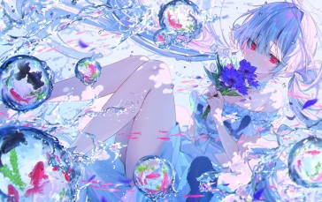 Anime Girls, Underwater, Red Eyes, Looking at Viewer, Blue Hair Wallpaper